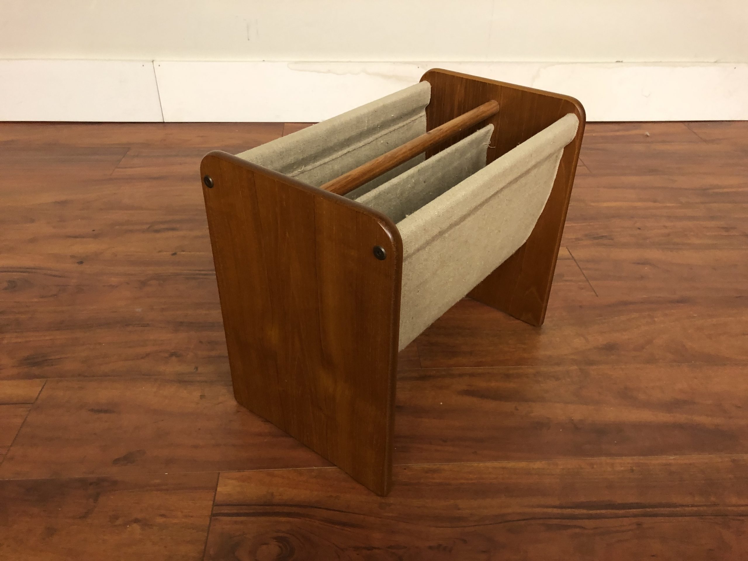 Canvas Magazine Rack SOLD - Danish Modern Teak & Canvas Magazine Rack - Modern to Vintage