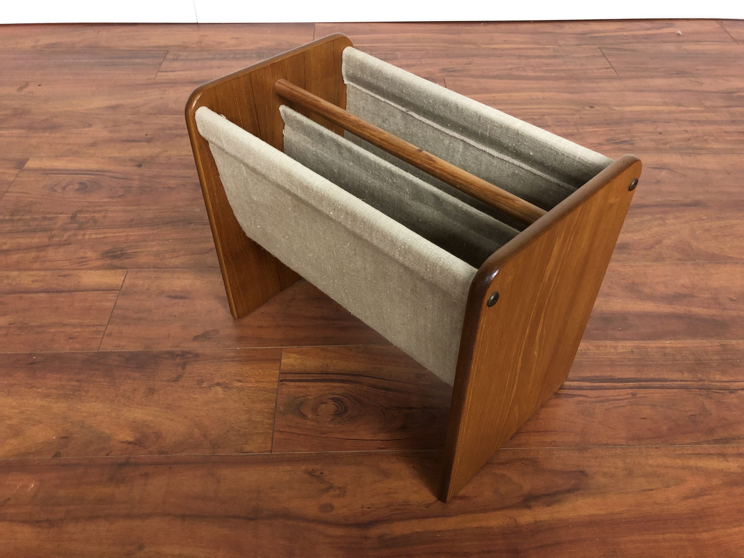 Canvas Magazine Rack SOLD - Danish Modern Teak & Canvas Magazine Rack - Modern to Vintage