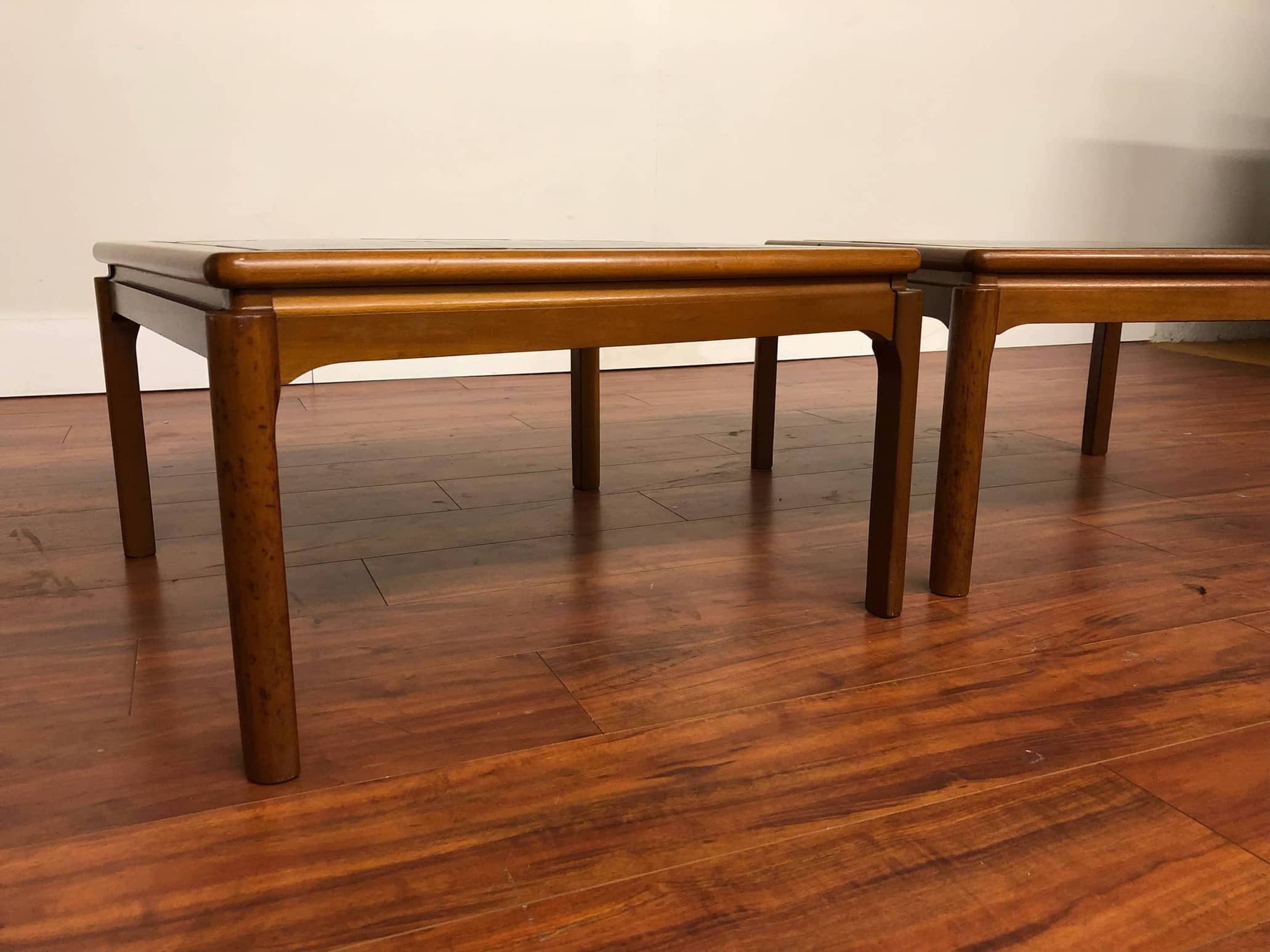 SOLD Nathan Teak Tile Top Coffee Tables Pair Modern to Vintage
