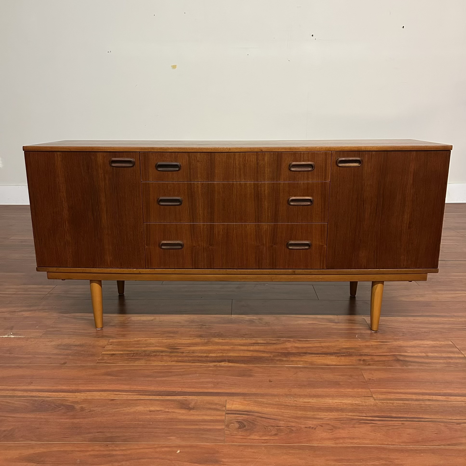 Mid-Century Curved Front Small Teak Sideboard – $1695