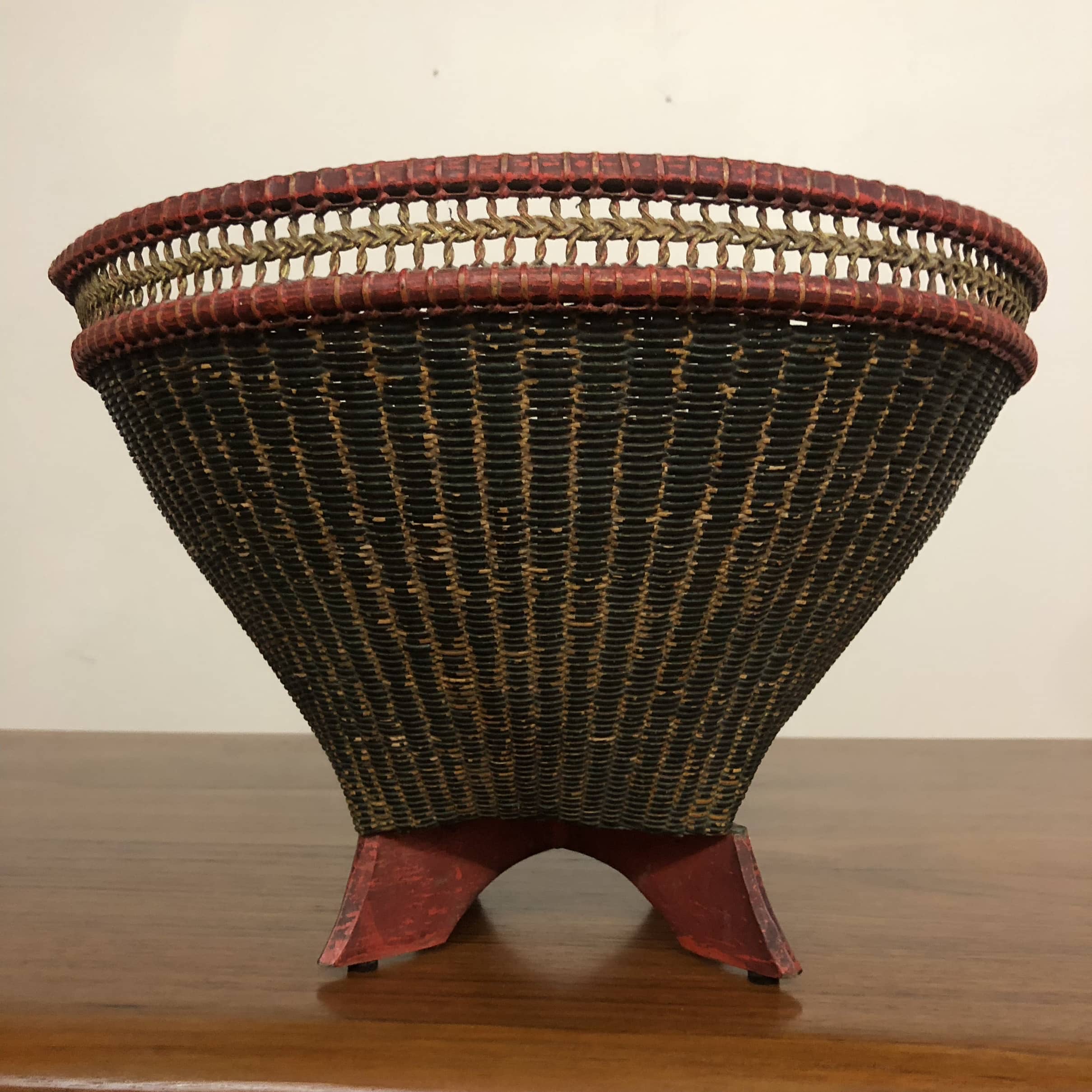 Vintage Indonesian Woven Basket with Wood Base – $125